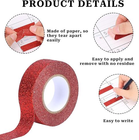 Mozeat Lens 3 Rolls Glitter Washi Tape 5/8" (15mm) Red Decorative Tape Red Glitter Washi Tape Decorative Adhesive Tape Craft Self Adhesive Stick on Sticky Glitter Trim, 5.5yd/Roll in Saudi Arabia