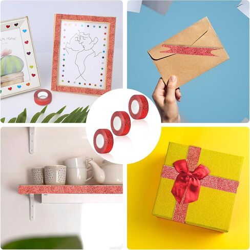 Mozeat Lens 3 Rolls Glitter Washi Tape 5/8" (15mm) Red Decorative Tape Red Glitter Washi Tape Decorative Adhesive Tape Craft Self Adhesive Stick on Sticky Glitter Trim, 5.5yd/Roll in Saudi Arabia