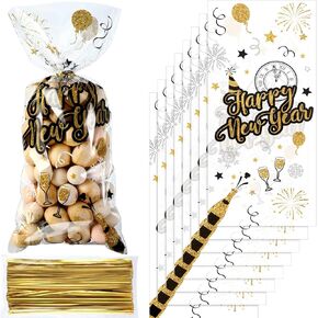 100 Pieces Happy New Year Cellophane Treat Bags, Black and Gold New Year Eve Party Plastic Candy Bags Goodies Favor Bags with 100 Gold Twist Ties for 2021 Christmas New Year Eve Party Supplies in Saudi Arabia