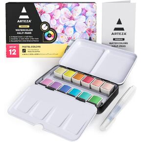 ARTEZA Watercolor Paint Set, 12 Earth Tones Half Pans, Watercolor Set with Brush, Semi Moist Water Colors