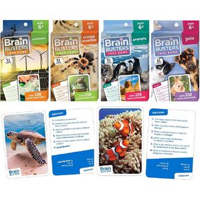 Brain Busters Card Game for Kids, Family Trivia Game Bundle with 120 Flash Cards - Learn and Play with Multiple Choice Trivia Cards About Environment, Insects, Geography and Pets (Ages 6+)