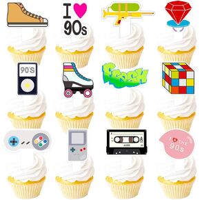 90s Cupcake Topper 1990s Retro Theme Decor Picks for 90's Decade Throwback Party Decorations Supplies 48pcs