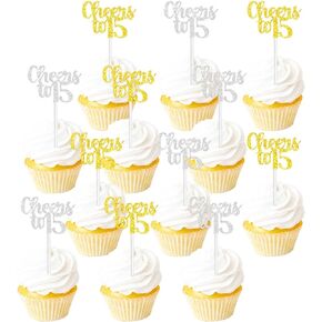 18PCS Cheers to 15 Cupcake Topper Picks for 15th Happy Birthday Wedding Anniversary Celebrating 15 Years Old Cake Dessert Decoration Supplies Gold silver Glitter