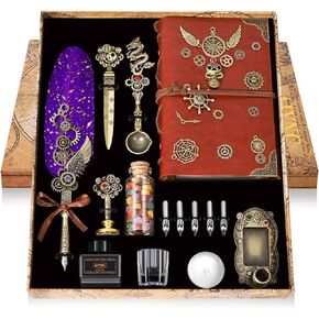 Quill Pen Ink Set, Feather Pen Ink Set With Quill Pen, Notebook, 5 Replaceable Nibs, Seal Stamp, Spoon, Wax Beads, White Wax, Ink, Pen Holder, Cup, Envelope, Letter Paper, Envelope Tool(Purple)