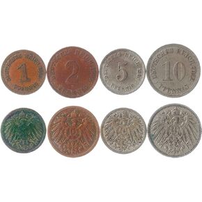 4 عملات معدنية من ألمانيا | مجموعة العملات الألمانية 1 5 10 50 Reichspfennig | تعميم 1939-1945 | نسر الرايخسادلر | الصليب المعقوف