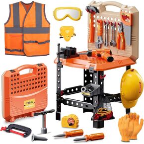 Magic4U Kids Tool Bench Set, 95PCS Toddler Tool Workbench with Electronic Drill 13 Tool Equipements,Safety Vest & Hat,Pretend Play Kids Construction Toys Gift for Boys Girls Age 3,4,5,6,7,8