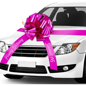 Happy Birthday Car Bow Sweet 16 Big Car Pull Bow Giant Car Gift Wrapping Bow with 20 Feet Car Ribbon for Birthday Party Car Decorations (Magenta,20 Inch)