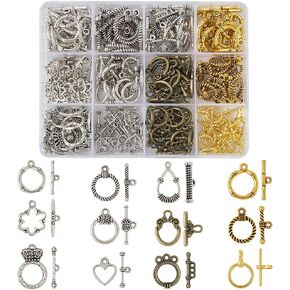 Beadthoven 120 Set 12 Style Tibetan Jewelry Toggle Clasps T-Bar Closure Clasps Fastener Hook Toggle Connectors for Necklace Bracelet Jewelry Making Findings Antique Silver Bronze Gold
