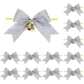 12 Ps Christmas Bows with Bell 4 Inch Metallic Gold Glitter Ribbon Bows Xmas Premade Twist Tie Bows for Gift Wrapping Wreath Wedding Baby Shower Christmas Party(Gold Glitter)