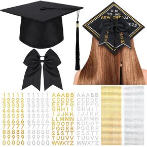 Tassel Hat Graduation Cap Decoration Set, Includes Black Graduation Cap with Tassel, Cheer Hair Bow and 6 Sheets Glitter Letter Number Stickers for Graduation Ceremony DIY Grad Cap Decoration in Saudi Arabia