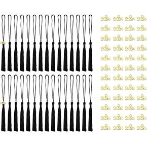 Tupalizy 30PCS Mini Silky Handmade Bookmark Tassels with 60PCS 2024 Year Charms for Graduation Keychain Earring Jewelry Making Wedding Favors Souvenir Gifts Tags DIY Craft Project (Black & Gold)