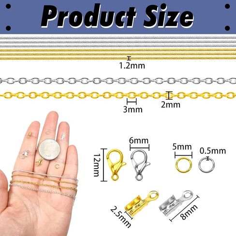 TOAOB 33 Feet Jewelry Making Chains for Necklace 1.2mm Snake Chains Gold Silver Metal Cable Chain Link with Lobster Clasps Cord Ends Jump Rings for Bracelet Jewelry Making in Saudi Arabia