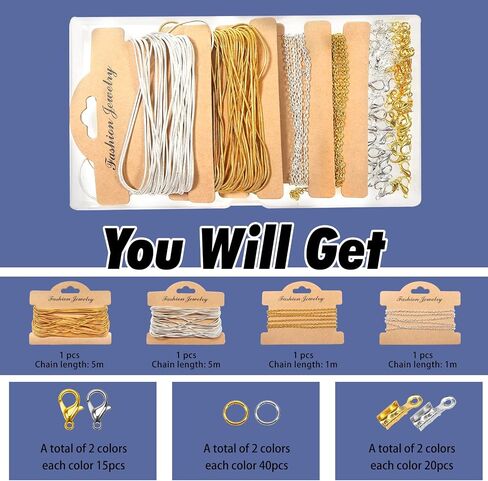 TOAOB 33 Feet Jewelry Making Chains for Necklace 1.2mm Snake Chains Gold Silver Metal Cable Chain Link with Lobster Clasps Cord Ends Jump Rings for Bracelet Jewelry Making in Saudi Arabia