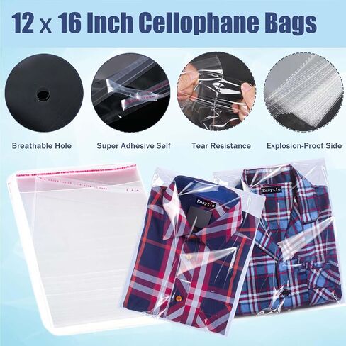 أكياس سيلوفان ذاتية الغلق مقاس 12 × 16 بوصة من Easytle، أكياس ملابس شفافة ذاتية اللصق، أكياس هدايا تشيلو، أكياس بولي بلاستيكية للملابس، قمصان، تغليف هدايا الحفلات، أعمال فنية (20 قطعة) in Kuwait