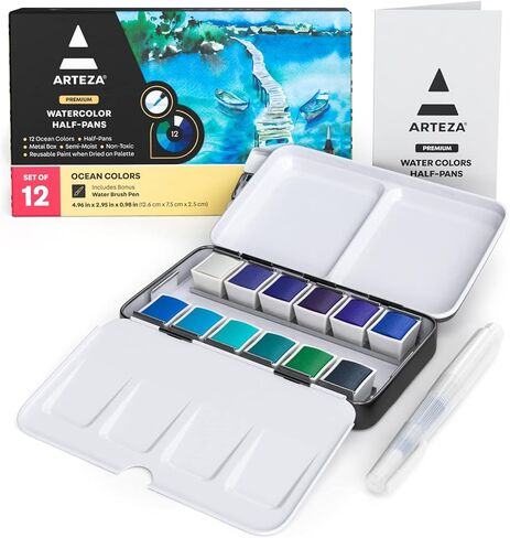 ARTEZA Watercolor Paint Set, 12 Earth Tones Half Pans, Watercolor Set with Brush, Semi Moist Water Colors in Saudi Arabia