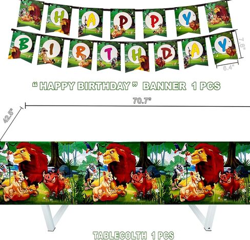 مجموعة لوازم حفلات اعياد الميلاد من ليون كينج - بالونات من اللاتكس، لافتة عيد ميلاد سعيد، زينة كعكة الاسد الملك، زينة كب كيك وغطاء طاولة لتزيين حفلات اعياد الميلاد بطابع حفل استقبال الاطفال. in Kuwait