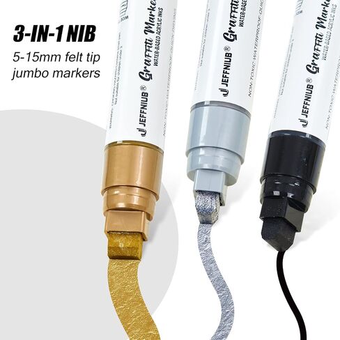 JEFFNIUB Paint Markers White/Black/Gold/Silver, 4Pcs Jumbo Acrylic Paint Markers Nibs 15mm, Acrylic Paint Pens for Stone, Metal, Wood, Glass, Canvas, Posters Supplies in Kuwait