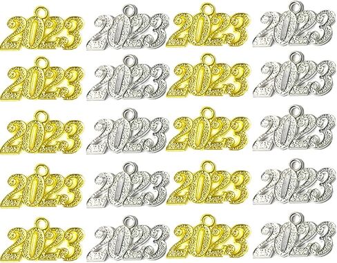 فروتا 20 قطعة من تعليقات عام 2023 مصنوعة من خليط معدني بحروف 2023، تعليقة بشراشيب للتخرج لصنع المجوهرات والحرف اليدوية والتخرج بشراشيب يمكنك صنعها بنفسك - ذهبي فضي 2023, خليط معدني in Kuwait