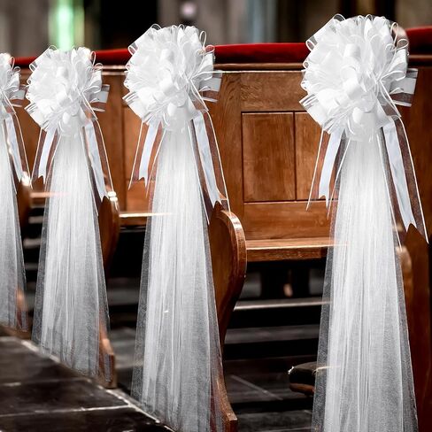 Lyrow 30 Set Large White Wedding Pew Bows Tulle Bows with 47" Fabric Tulle Church Wedding Chair Aisle Decorations for Christmas Bridal Shower Reception Birthday Anniversary Valentine's Day in Saudi Arabia