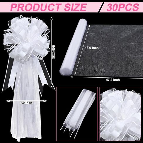 Lyrow 30 Set Large White Wedding Pew Bows Tulle Bows with 47" Fabric Tulle Church Wedding Chair Aisle Decorations for Christmas Bridal Shower Reception Birthday Anniversary Valentine's Day in Saudi Arabia