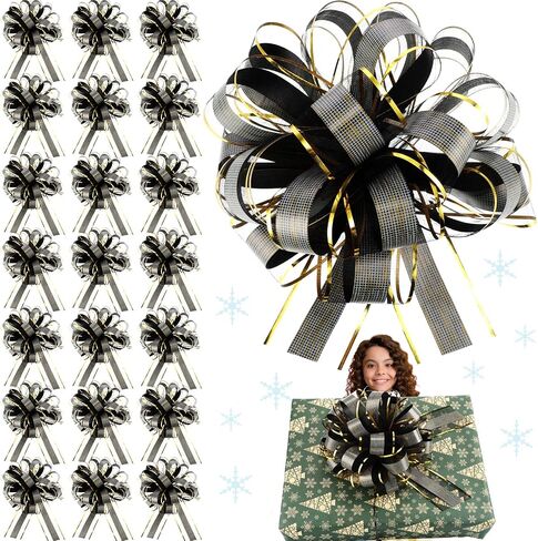 WILLBOND 20 Pieces 10 Inch Christmas Extra Large Pull Bow Gift Wrapping Pull Bow Ribbon Pull Bows for Christmas Wedding Baskets Valentine's Day Bows Multicolor Ribbon Bow (Black) in Saudi Arabia