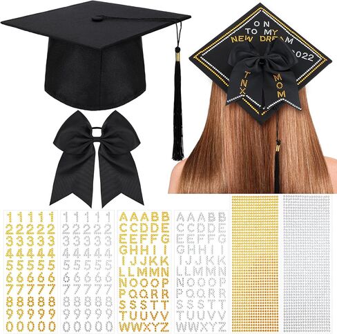 Tassel Hat Graduation Cap Decoration Set, Includes Black Graduation Cap with Tassel, Cheer Hair Bow and 6 Sheets Glitter Letter Number Stickers for Graduation Ceremony DIY Grad Cap Decoration in Saudi Arabia