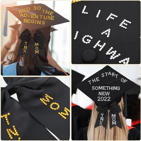 Tassel Hat Graduation Cap Decoration Set, Includes Black Graduation Cap with Tassel, Cheer Hair Bow and 6 Sheets Glitter Letter Number Stickers for Graduation Ceremony DIY Grad Cap Decoration in Saudi Arabia