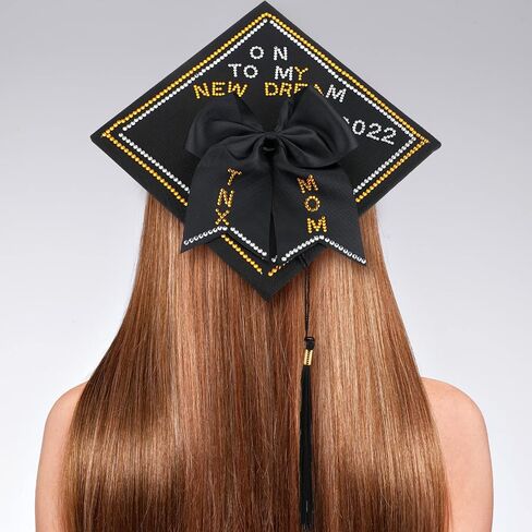 Tassel Hat Graduation Cap Decoration Set, Includes Black Graduation Cap with Tassel, Cheer Hair Bow and 6 Sheets Glitter Letter Number Stickers for Graduation Ceremony DIY Grad Cap Decoration in Saudi Arabia