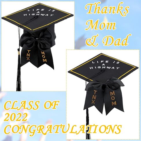 Tassel Hat Graduation Cap Decoration Set, Includes Black Graduation Cap with Tassel, Cheer Hair Bow and 6 Sheets Glitter Letter Number Stickers for Graduation Ceremony DIY Grad Cap Decoration in Saudi Arabia