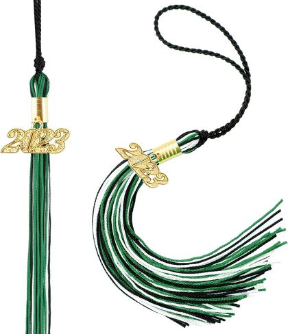 قبعة التخرج 2023 من قطعتين من الشراشيب لقبعة التخرج لعام 2023، اكسسوارات شرابة ناعمة حريرية لقبعات التخرج وحفلات الحفلات التذكارية 9 انش، لون اخضر زمردي واسود وابيض in Kuwait