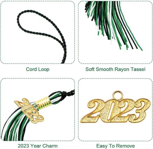 قبعة التخرج 2023 من قطعتين من الشراشيب لقبعة التخرج لعام 2023، اكسسوارات شرابة ناعمة حريرية لقبعات التخرج وحفلات الحفلات التذكارية 9 انش، لون اخضر زمردي واسود وابيض in Kuwait