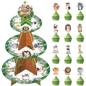 حامل كعك على شكل شجرة كبيرة في الغابة مع 24 قطعة علوية من كب كيك على شكل حيوانات سفاري زهرية، حامل حلوى واحد من 3 طبقات، حامل كب كيك في الغابة لسفاري الغابة البرية لتزيين حفلات أعياد الميلاد وحفلات استقبال المولود الجديد in Kuwait