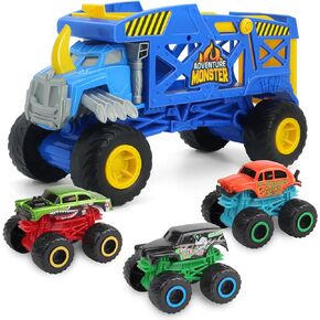 4-in-1 Mounster Truck Transport Carrier Playset, Red Mover Rhino Toy Cars Hauler Set for Children, Including 3 Diecast Monster Trucks, Ideal Gift for Kids 3+