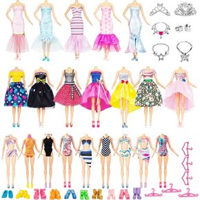 ملابس وإكسسوارات الدمية لباربي - 34 قطعة فريدة على شكل حرف H و5 فساتين للحفلات، و3 تنورة جميلة لذيل السمكة و3 ملابس سباحة عالية الجودة in Kuwait