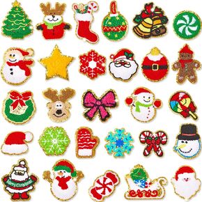 28 Pcs Christmas Iron on Patches Embroidered Sew Applique Repair Patch Glitters Chenille Patches Snowflakes, Santa Claus, Elk, Socks, Snowman for Christmas Clothing Hat Repair Decor DIY in Saudi Arabia