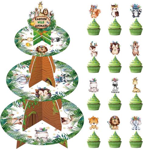 حامل كعك على شكل شجرة كبيرة في الغابة مع 24 قطعة علوية من كب كيك على شكل حيوانات سفاري زهرية، حامل حلوى واحد من 3 طبقات، حامل كب كيك في الغابة لسفاري الغابة البرية لتزيين حفلات أعياد الميلاد وحفلات استقبال المولود الجديد in Kuwait