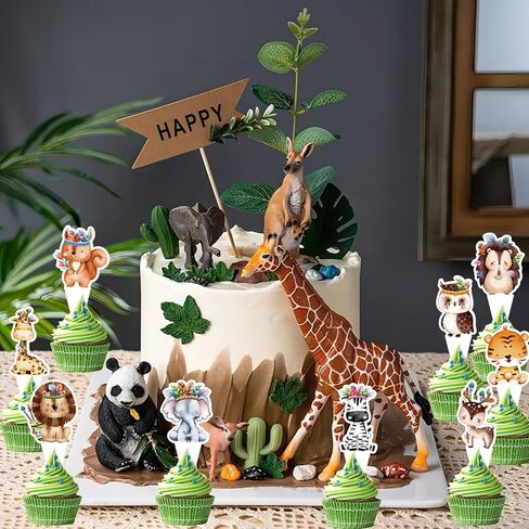 حامل كعك على شكل شجرة كبيرة في الغابة مع 24 قطعة علوية من كب كيك على شكل حيوانات سفاري زهرية، حامل حلوى واحد من 3 طبقات، حامل كب كيك في الغابة لسفاري الغابة البرية لتزيين حفلات أعياد الميلاد وحفلات استقبال المولود الجديد in Kuwait