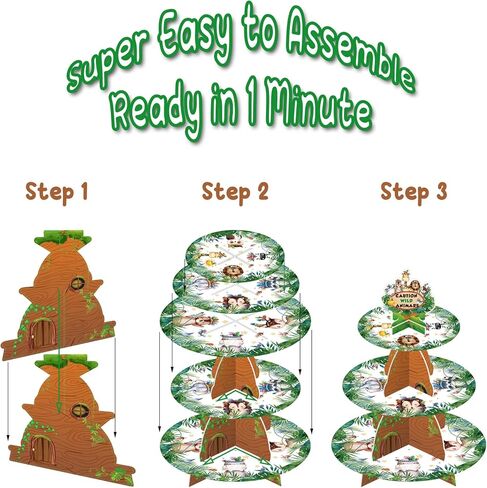 حامل كعك على شكل شجرة كبيرة في الغابة مع 24 قطعة علوية من كب كيك على شكل حيوانات سفاري زهرية، حامل حلوى واحد من 3 طبقات، حامل كب كيك في الغابة لسفاري الغابة البرية لتزيين حفلات أعياد الميلاد وحفلات استقبال المولود الجديد in Kuwait