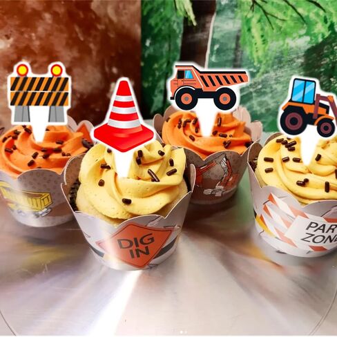 24pcs Construction Cupcake Toppers Dump Truck Excavator Tractor Party Cupcake Decorations construction cupcake topper for Construction Theme Baby Shower Kids Birthday Party Supplies in Saudi Arabia