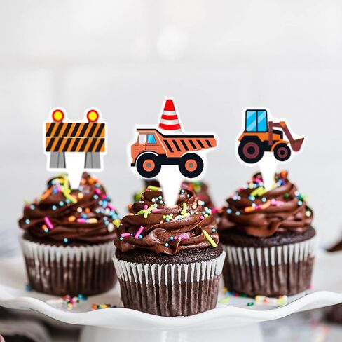 24pcs Construction Cupcake Toppers Dump Truck Excavator Tractor Party Cupcake Decorations construction cupcake topper for Construction Theme Baby Shower Kids Birthday Party Supplies in Saudi Arabia