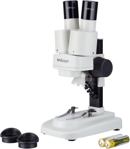 AmScope Kids SE100Z-LED مجهر ستيريو ثنائي العينين محمول، عدسات WF10X وWF20x، تكبير 20X و40X، هدف 2X، مصدر ضوء LED، لوحة مسرح سوداء/بيضاء قابلة للعكس، تعمل بالبطارية in Saudi Arabia