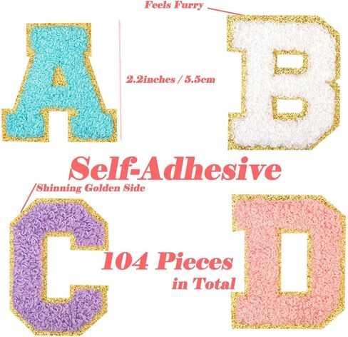 LalaKoo 104 Pcs Chenille Letter Patches Self-Adhesive Varsity Chenille A-Z Letters Patches Stick on Golden Border Letter Applique Patches Iron on Glitter Embroidered Patches for Clothing Repair DIY in Kuwait