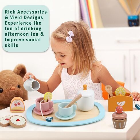 مجموعة فوموسنت 29 قطعة لحفلات الشاي الخشبية للفتيات الصغيرات، طقم شاي مع حامل كب كيك وإكسسوارات لعب التظاهر بالطعام للأطفال، ألعاب مجموعة ألعاب المطبخ لعمر 3 سنوات فما فوق هدية عيد ميلاد للأولاد والبنات in Kuwait