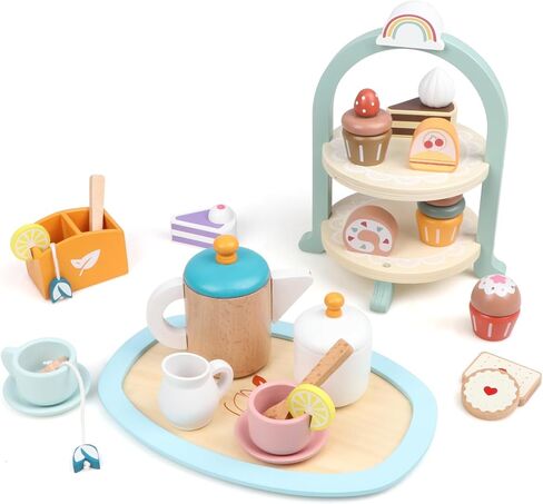 مجموعة فوموسنت 29 قطعة لحفلات الشاي الخشبية للفتيات الصغيرات، طقم شاي مع حامل كب كيك وإكسسوارات لعب التظاهر بالطعام للأطفال، ألعاب مجموعة ألعاب المطبخ لعمر 3 سنوات فما فوق هدية عيد ميلاد للأولاد والبنات in Kuwait