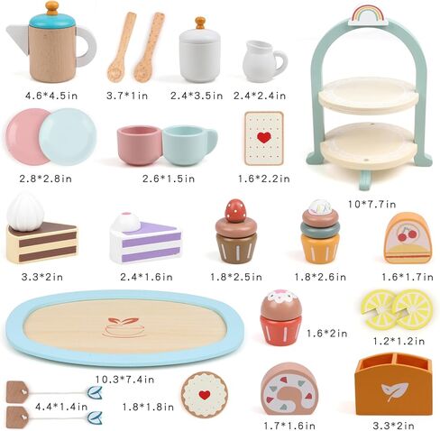 مجموعة فوموسنت 29 قطعة لحفلات الشاي الخشبية للفتيات الصغيرات، طقم شاي مع حامل كب كيك وإكسسوارات لعب التظاهر بالطعام للأطفال، ألعاب مجموعة ألعاب المطبخ لعمر 3 سنوات فما فوق هدية عيد ميلاد للأولاد والبنات in Kuwait