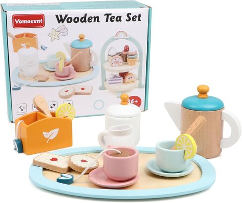 مجموعة فوموسنت 29 قطعة لحفلات الشاي الخشبية للفتيات الصغيرات، طقم شاي مع حامل كب كيك وإكسسوارات لعب التظاهر بالطعام للأطفال، ألعاب مجموعة ألعاب المطبخ لعمر 3 سنوات فما فوق هدية عيد ميلاد للأولاد والبنات in Kuwait