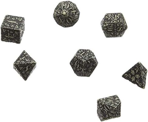 Q WORKSHOP Forest Engraved beige & black RPG ornamented Dice Set 7 polyhedral pieces in Saudi Arabia