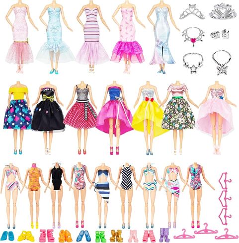 ملابس وإكسسوارات الدمية لباربي - 34 قطعة فريدة على شكل حرف H و5 فساتين للحفلات، و3 تنورة جميلة لذيل السمكة و3 ملابس سباحة عالية الجودة in Kuwait