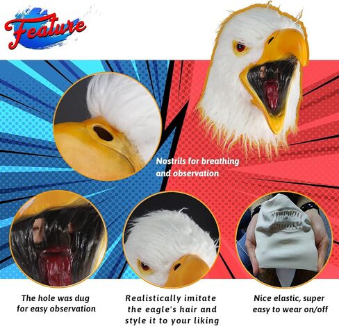 موكري بارتي قناع راس النسر الابيض على شكل طائر حيوان، قناع لاتكس مشعر، قناع تنكري للهالوين والكرنفالات in Kuwait