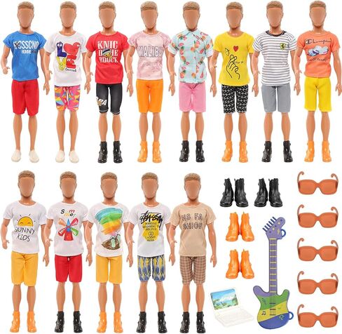 ميونانا مجموعة من 16 قطعة من ملابس الدمى للاولاد تتضمن 5 قطع عشوائية من السراويل العلوية + 4 احذية دمى للاولاد + 1 جيتار + 1 كمبيوتر ابيض + 5 نظارات بنية للدمى مقاس 12 انش in Kuwait